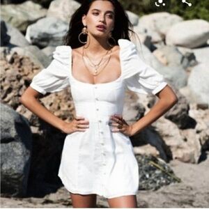 Vanessa Mooney White Jacquard Leopard Print Puff Sleeve Mini Dress XS